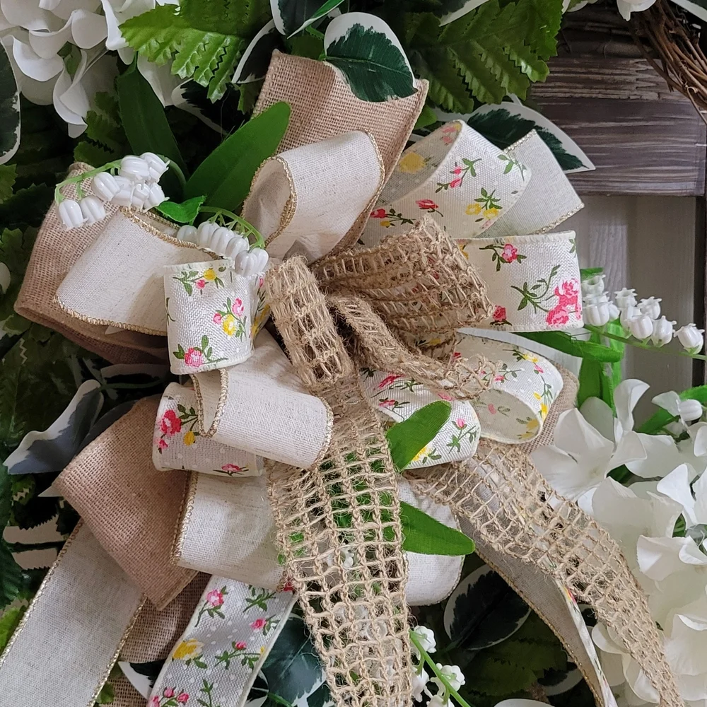 White Hydrangea and Greenery Decorative Door Wreath with Burlap Ribbon